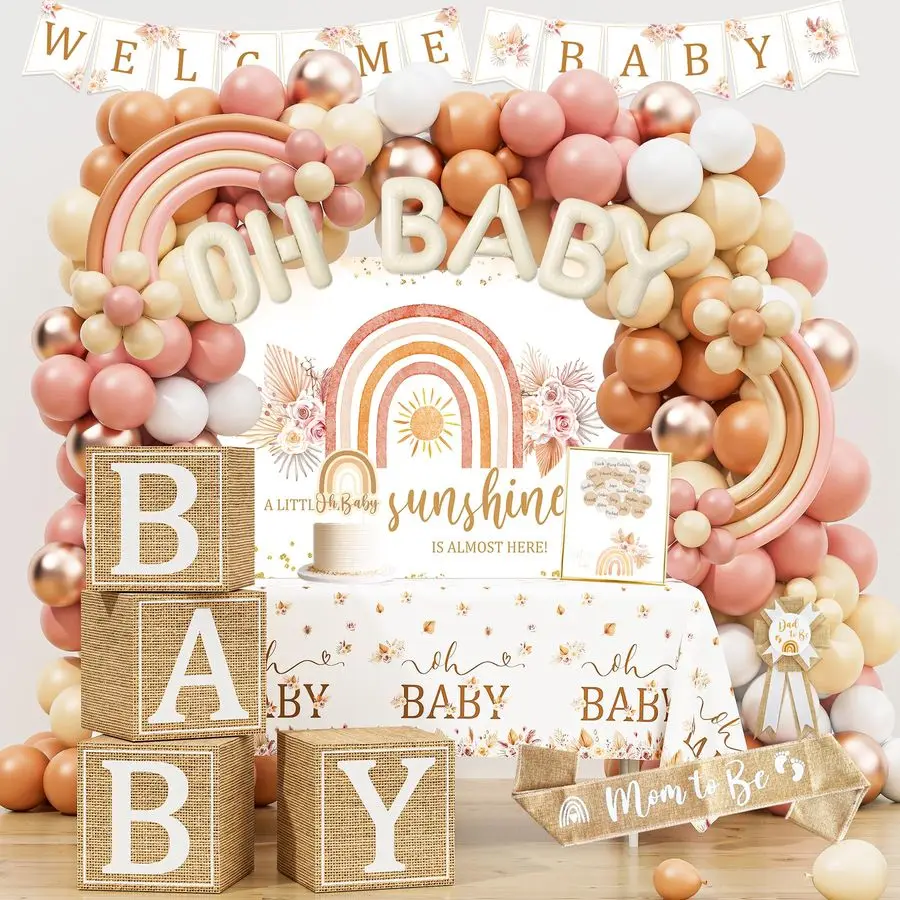

Baby Shower Decorations, Boho Rainbow Baby Shower Party Supplies, A Little Ray of Sunshine is Almost Here, Its a Girl Gender Rev