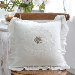 French Lace Throw Pillowcase Embroidered Cushion Cover Princess Ruffled Lace Cotton Pillow Cover Backrest Lumbar Pillow Case