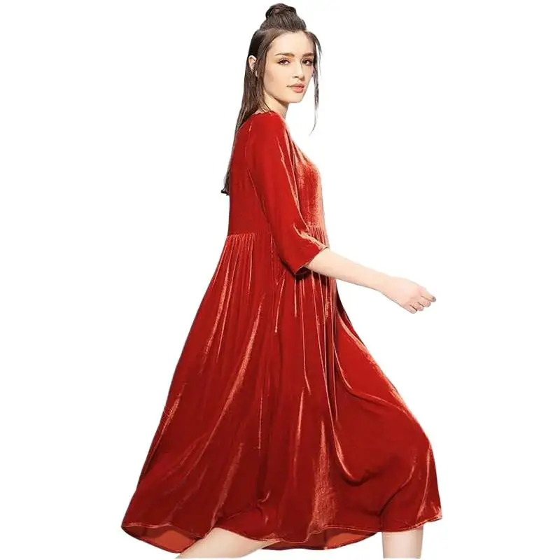 New 2024 Loose O-neck Vintage velour Dress Female Gold Velvet Ladies Casual Dress for Autumn Winter Women Vestidos White Red