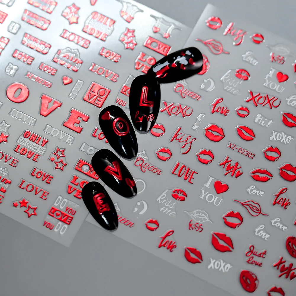 5D Red Lip Kiss Valentine's Day Nail Art Stickers Self-Adhesive Red Love Heat Nail Decals Self-Adhesive Red Lips Desin Nail Deco