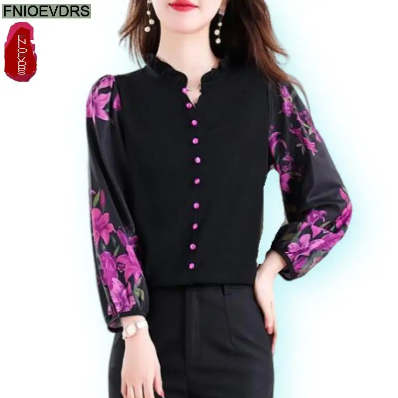 Retro Vintage Ruffles V Neck Tops New Design Women Autumn 2024 Fashion Office Lady Elegant Purple Button Shirts Blouses