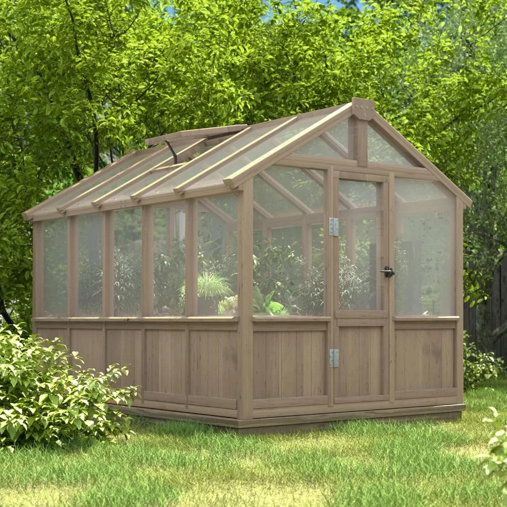 

6x10 FT Greenhouse Kit for Outdoor, Polycarbonate Wooden Walk-in Green House with Lockable Door and Adjustable Roof Vent