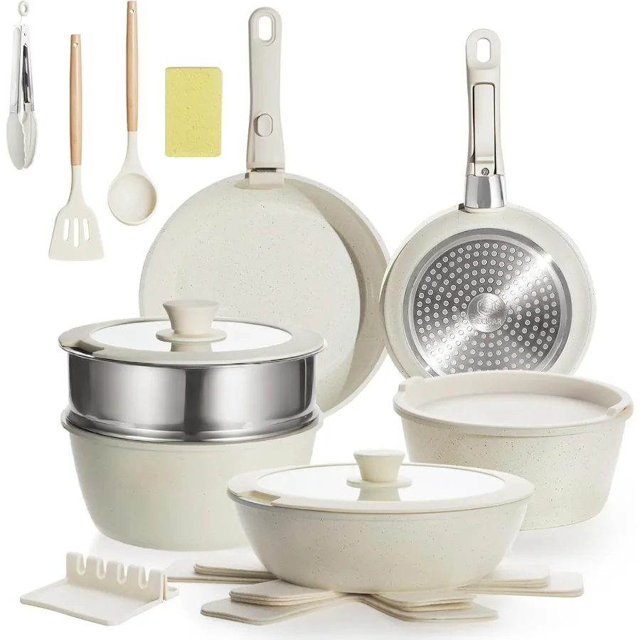 

Nonstick Ceramic Cookware Set 21PCS with Detachable Handle Pans and Pots Set for RV Kitchen Compact Stackable Design Oven Safe