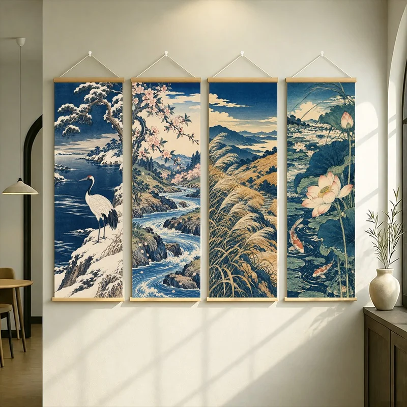 Crane, Blossoms and Golden Grasses Hanging Scroll in Japanese Ukiyo-e Style with Flowing Water and Flowers for a Tea Room