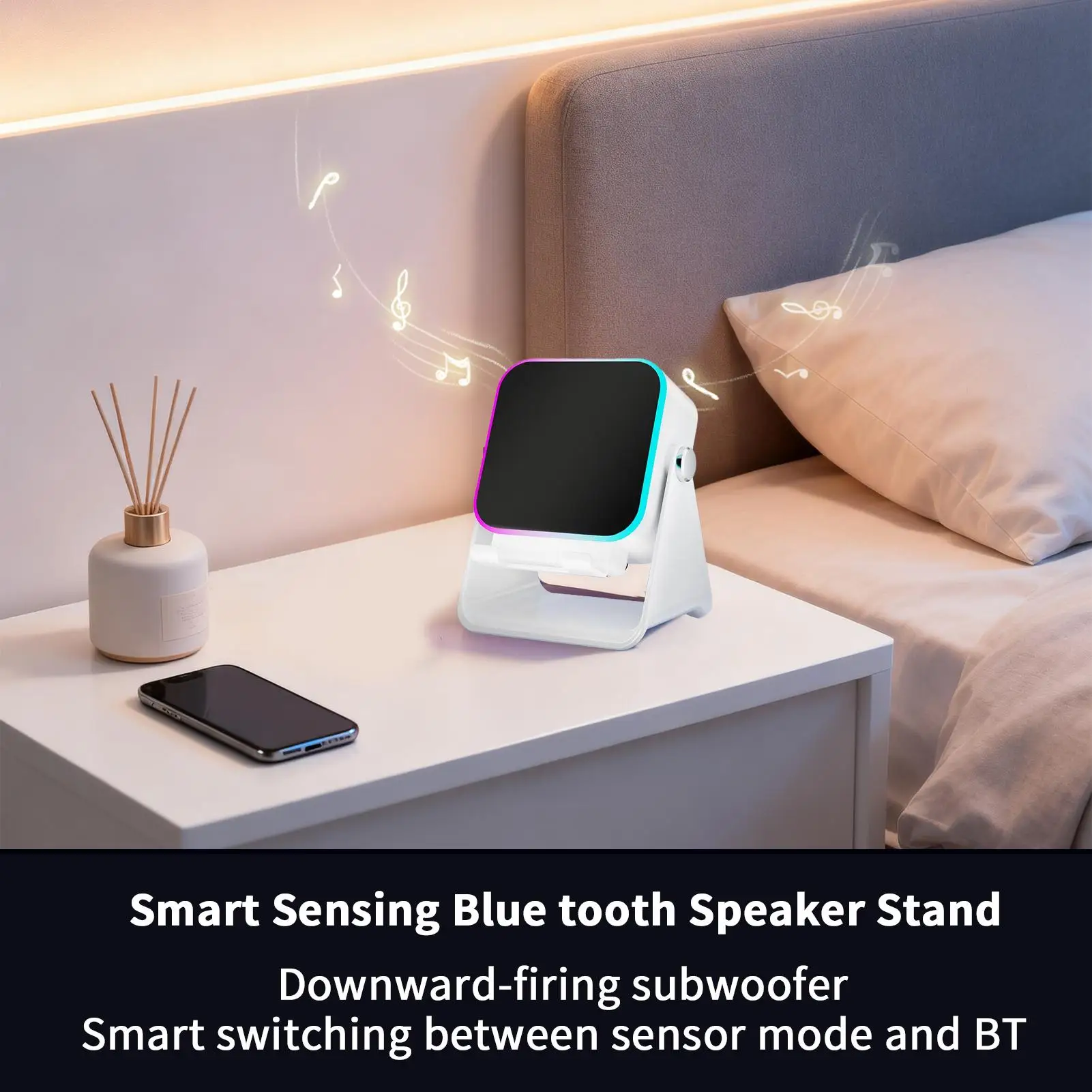 5 In 1 Auto-induction Wireless Induction Speaker Ambient Light Phone Stand Surround Sound Portable Wireless Phone Holder