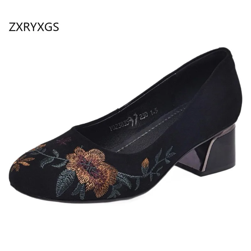 

ZXRYXGS 2025 Superior Cow Suede Embroidered Shoes Woman Genuine Leather Fashion Shoes Comfortable Elegant Heel Heel 2.5/ 4.5cm