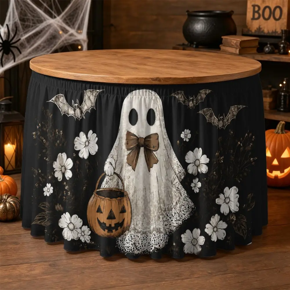 One Halloween party table skirt, featuring 2D flat ghost with pumpkin bucket, flower and bat patterns.