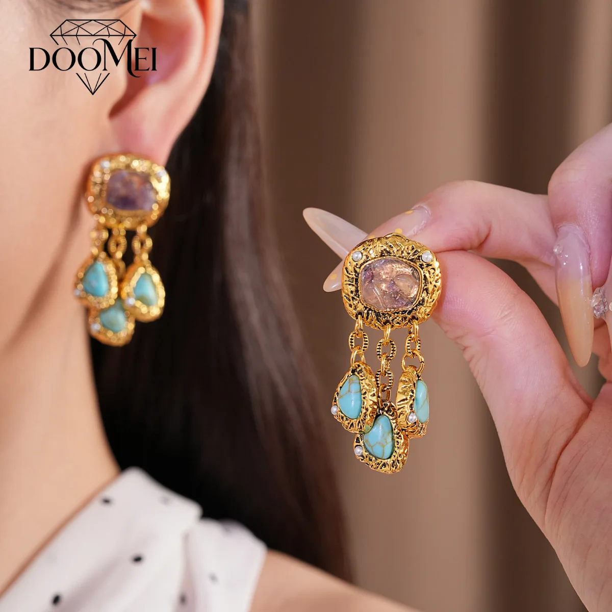 DOO MEI Vintage Turquoise Dangle Earrings Sense of Advanced Artificial Pearl Earrings Drop Earrings for Women Daily Banquet Wear