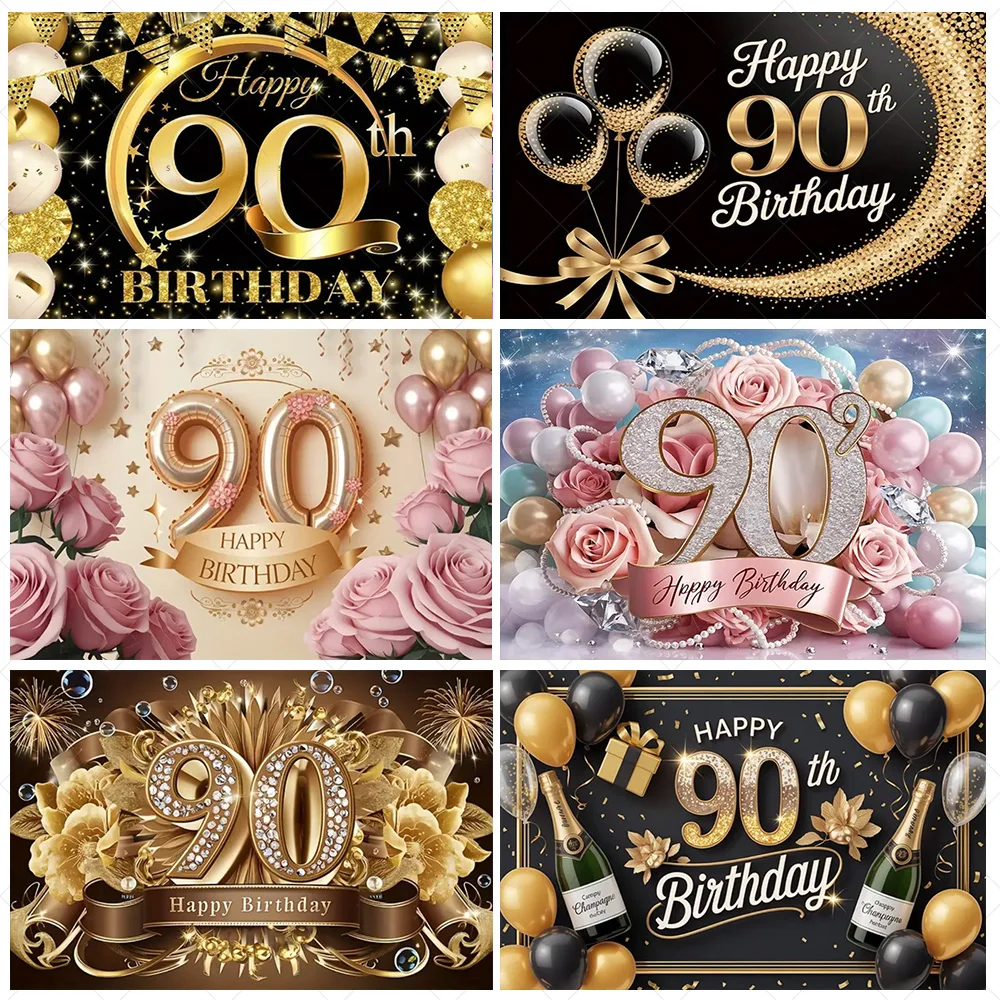 

Happy 90th Birthday Background Banner 90th Birthday Party Decorations Glitter Backdrop Supplies Gold Balloons Photography Props