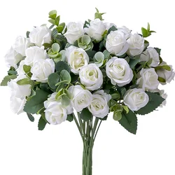 Ramo de flores artificiales de seda, Rosa Blanca, hojas de eucalipto, peonía, flor falsa para mesa de boda, florero de fiesta, decoración del hogar, 10 cabezas