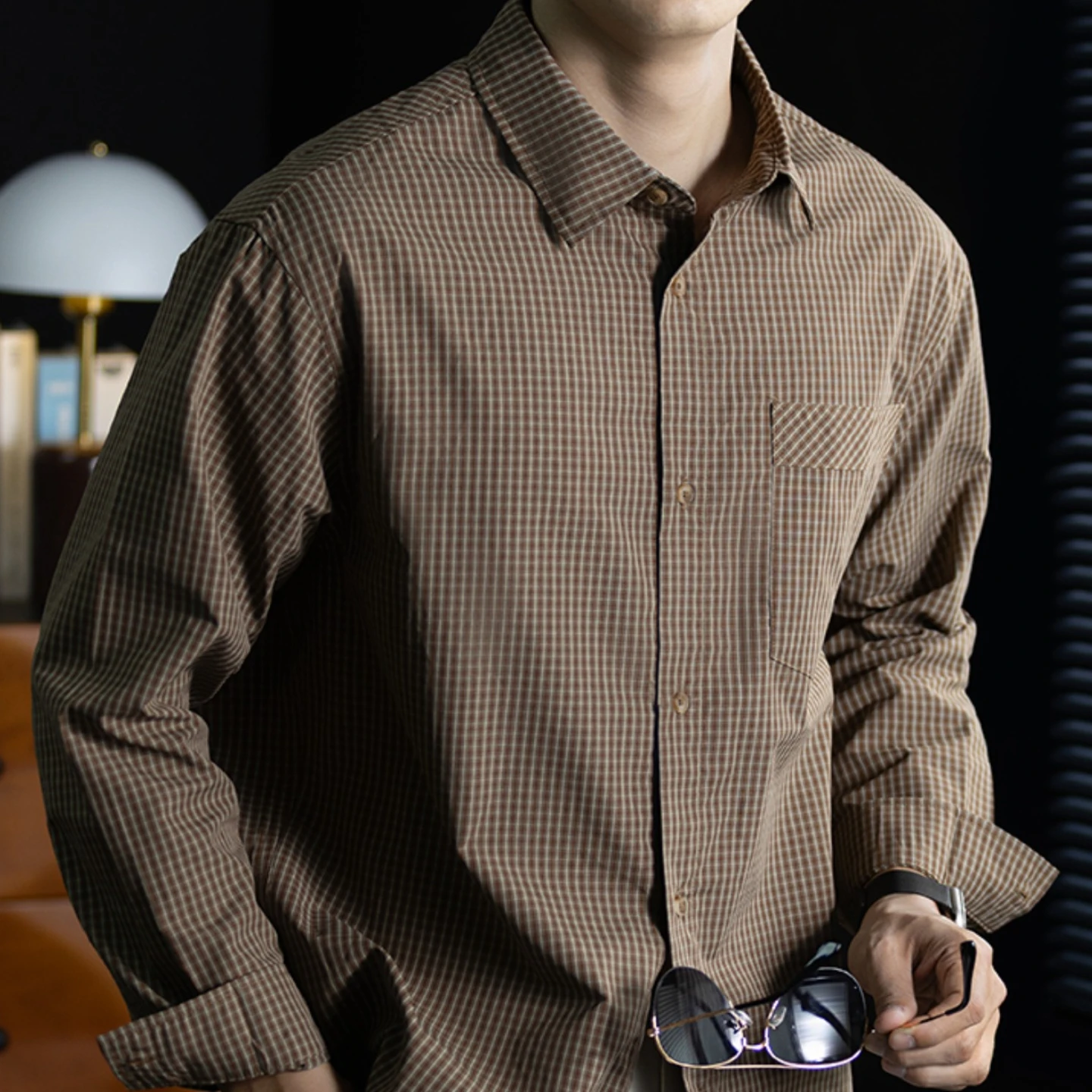 Mens 100 Percent Polyester Fine Check Long Sleeve Shirt Turn Down Collar Loose Fit Button Front Casual Office Fall Everyday Top