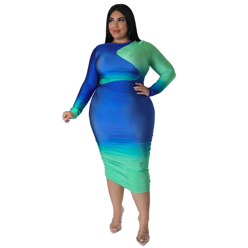 WSFEC L-5XL Plus Size Dresses Women Clothing Fashion Gradient Printing Patchwork Long Sleeve Bodycon Sexy Club Party Midi Dress