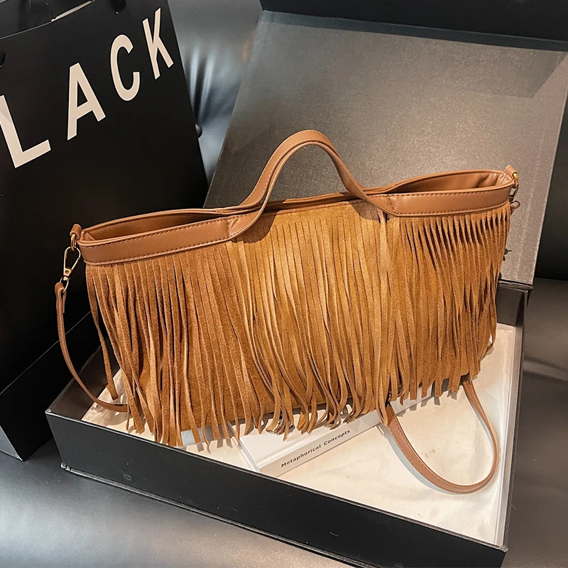 

Big Tote Bag For Women Fashion Tassel Shoulder Bag Vintage Scrub Leather Handbag Casual Trend High Capacity Messenger Bag Female