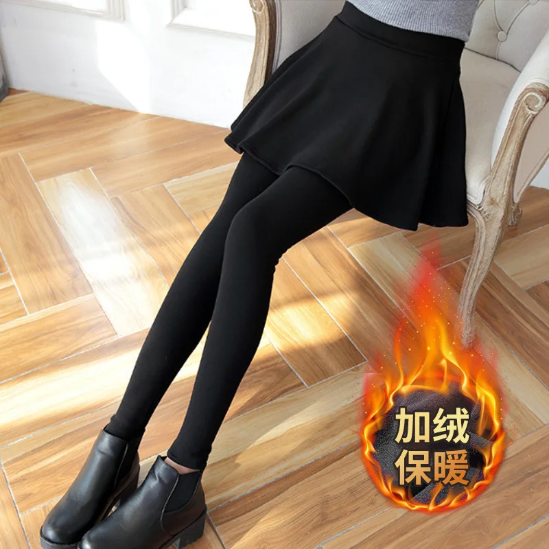 

Autumn Winter Fake Two-Piece Fleece Lined Thickened Skirt-Like Legging For Women, Plu Size High Wait Slimming Warm Skirt