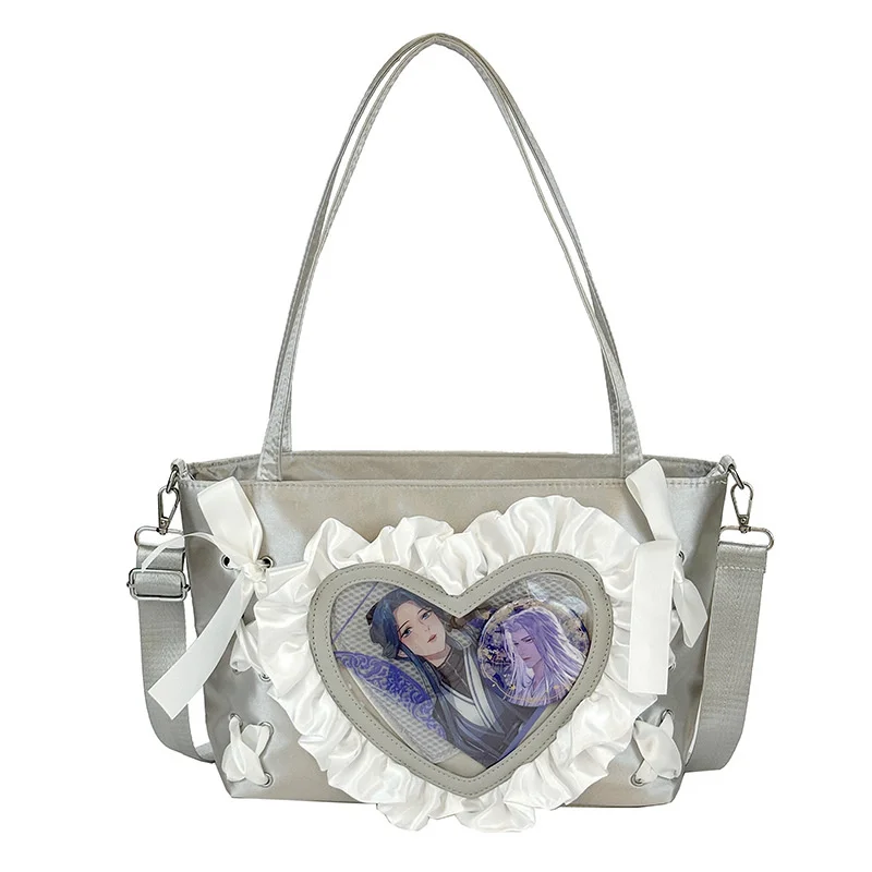 Cute Light Blue Transparent Heart Shaped Ita Bag Ruffle Ribbon Bow Large Capacity Sweet Shoulder Bag For Anime Fans School Bag