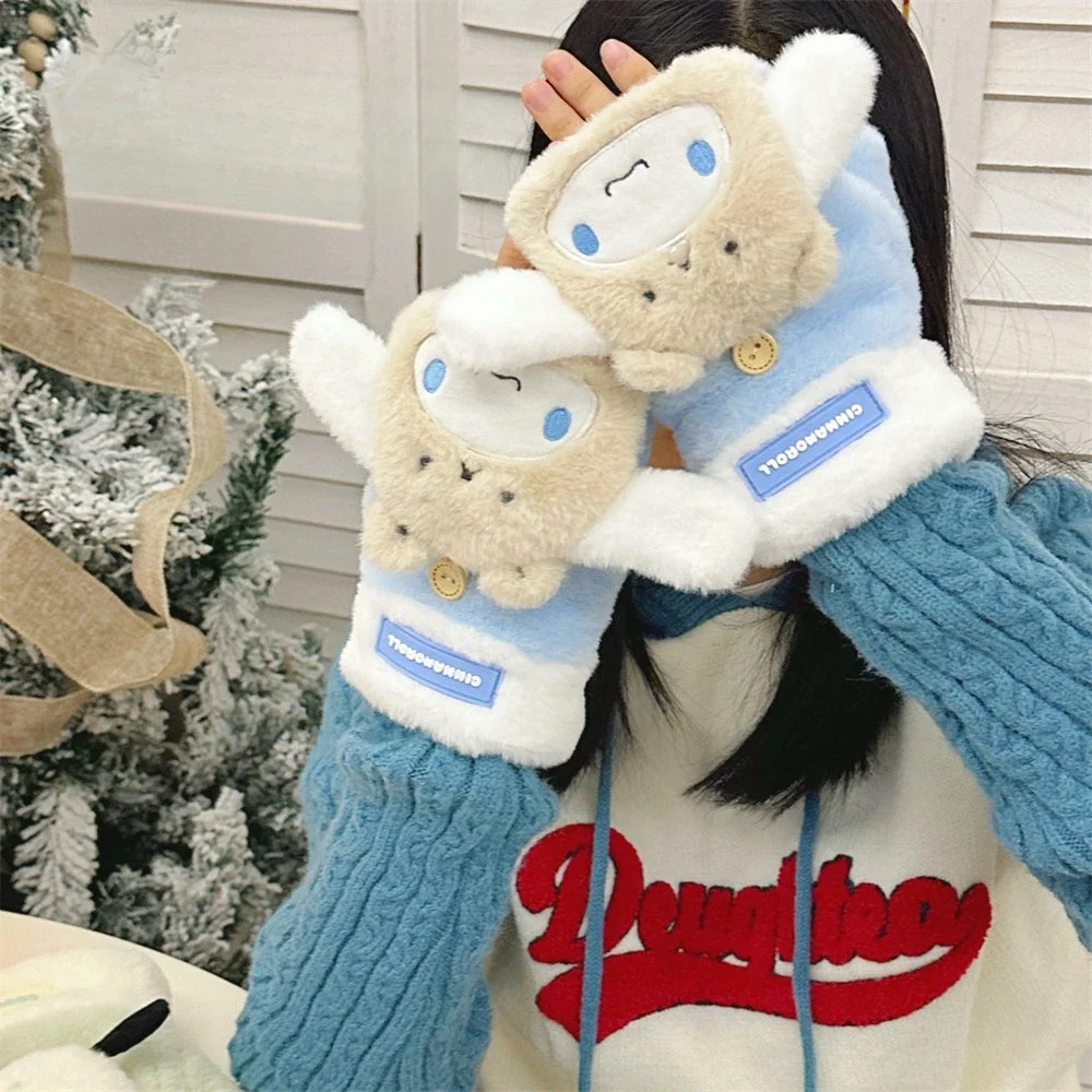 Sanrio Kuromi Plush Gloves Winter Thermal Gloves Melody Cinnamoroll Pochacco Flip Gloves Girls Thickened Mittens Christmas Gift