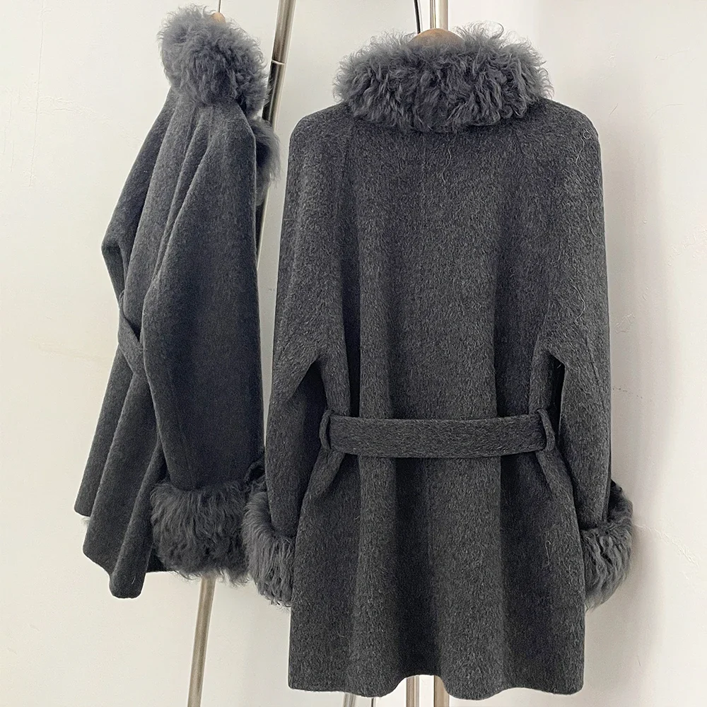 OFTBUY Neue Winter-Wollkleidung für Damen, Mittellanger Mantel mit Gürtel, 100% Wolle, Vollkurviger Kragen aus mongolischem Schaffell, Oberbekleidung für Frauen – Detail 9