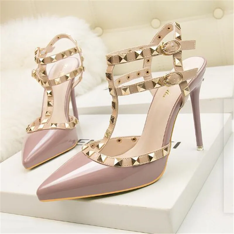 2023 NEW 10CM PUMPS Fashion Rivet Ladies Pointed Toes Shallow Mouth High Heel Single Shoes Women's Summer New Style Sandals