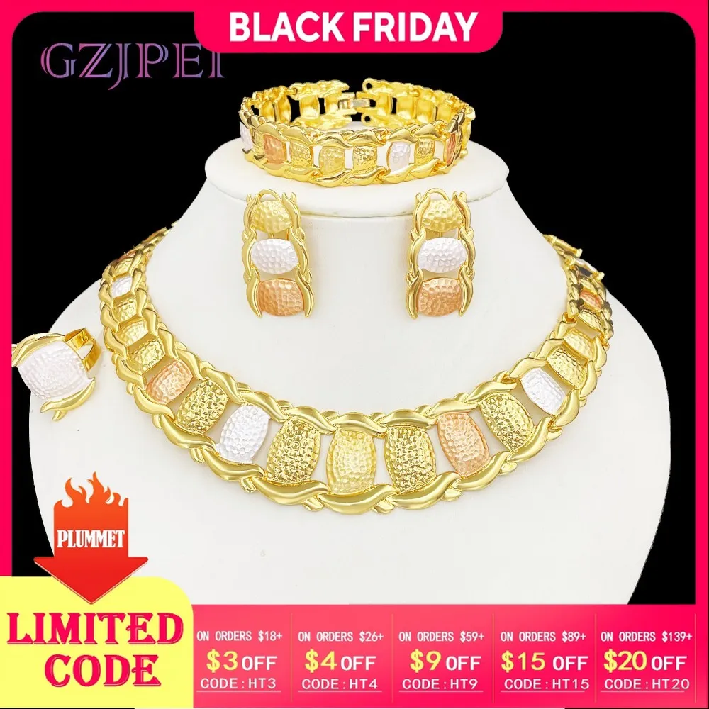 

GZJPEI 4Pcs Design Color Hollow Out Jewelry Set 18K Gold Plated Necklace Bracelet Stud Earring Ring Fashion Dubai Nigeria Gift