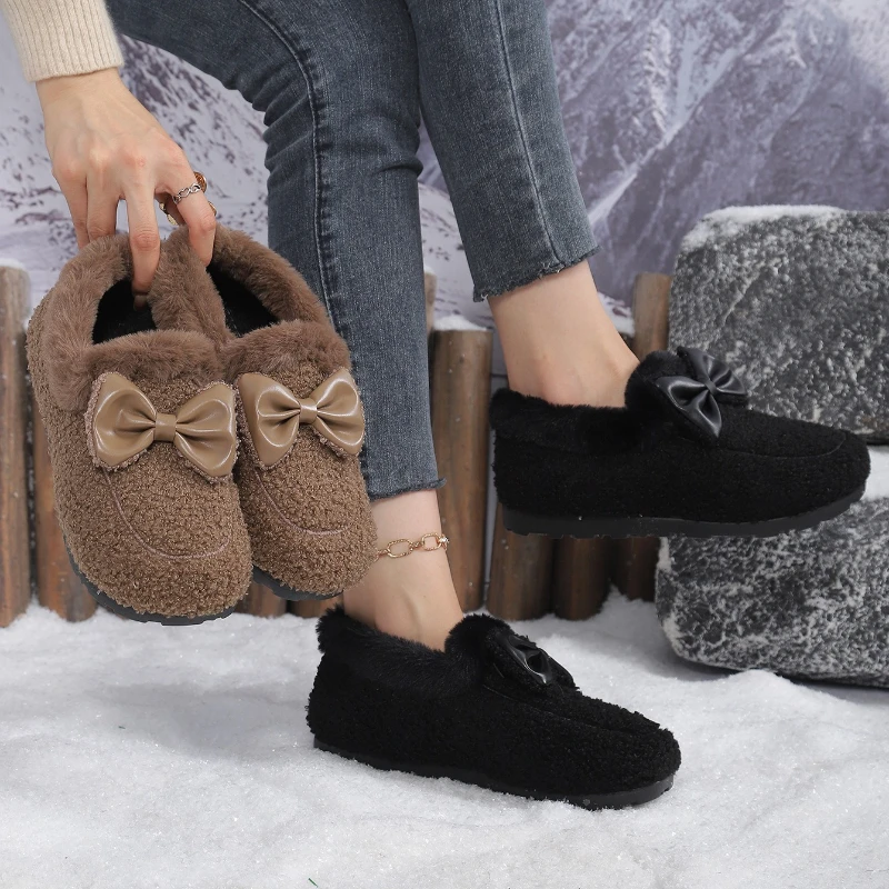 Women Winter Warm Shoes Plush Fleece Loafers Bow Anti Slip Soft Sole Ladies Casual Daily Outdoor Fashion Elegant Flats Footwear