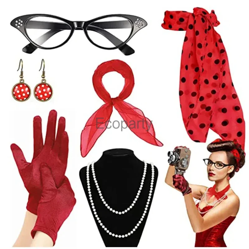 1950's Kostuum Accessoires Voor Vrouwen Retro Polka Dot Hoofdband Ketting Chiffon Sjaal Bril Oorbellen Set Meisjes Feest Outfits