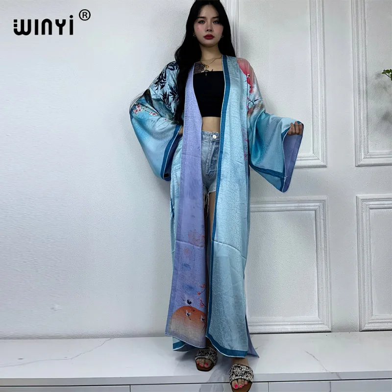 

NEW WINYI Autumn High-quality Double-sided Printed Silk Dress Beach Wear Boho Cardigan Elegant Sexy Holiday Long Sleeve Kimono