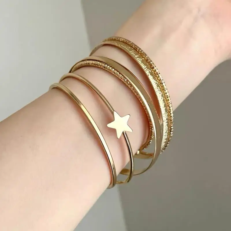 Gold Plated Stackable Bangle Set 5Pcs Star Accent Skin-friendly Women Daily Outfit Jewelry Gift for Mom