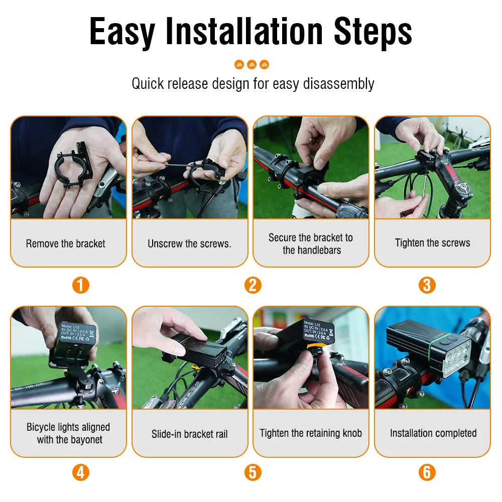 Boruit-bicicleta USB lanterna LED recarregável, tocha rotativa, lâmpada de ciclismo, camping, pesca, ao ar livre, à prova d'água