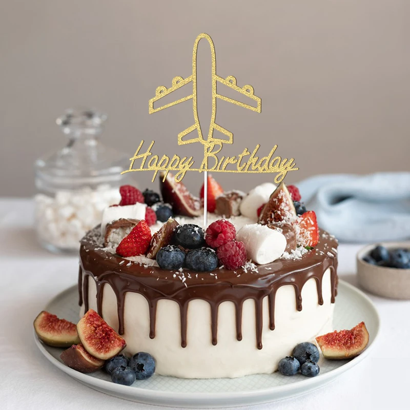 Airplane Cake Topper Gold Glitter Happy Birthday Airplane Themed Party Cake Decor Party Cake Decoration for Birthday Celebration