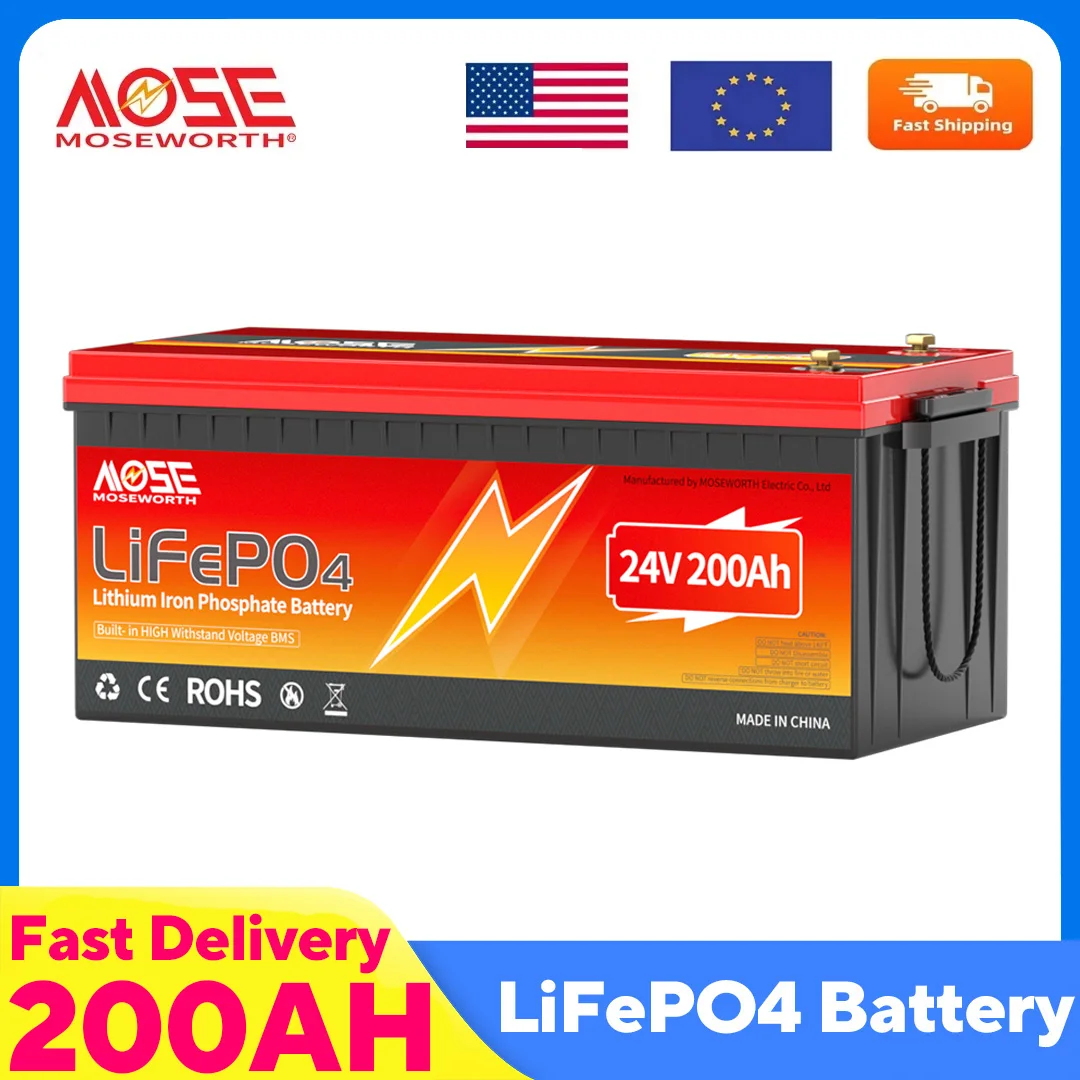 

24V 200Ah LiFepo4 Battery Built in 200A BMS Rechargeable Lithium Batteries 5.12KW for Boat Marine RV Solar Trolling Motor