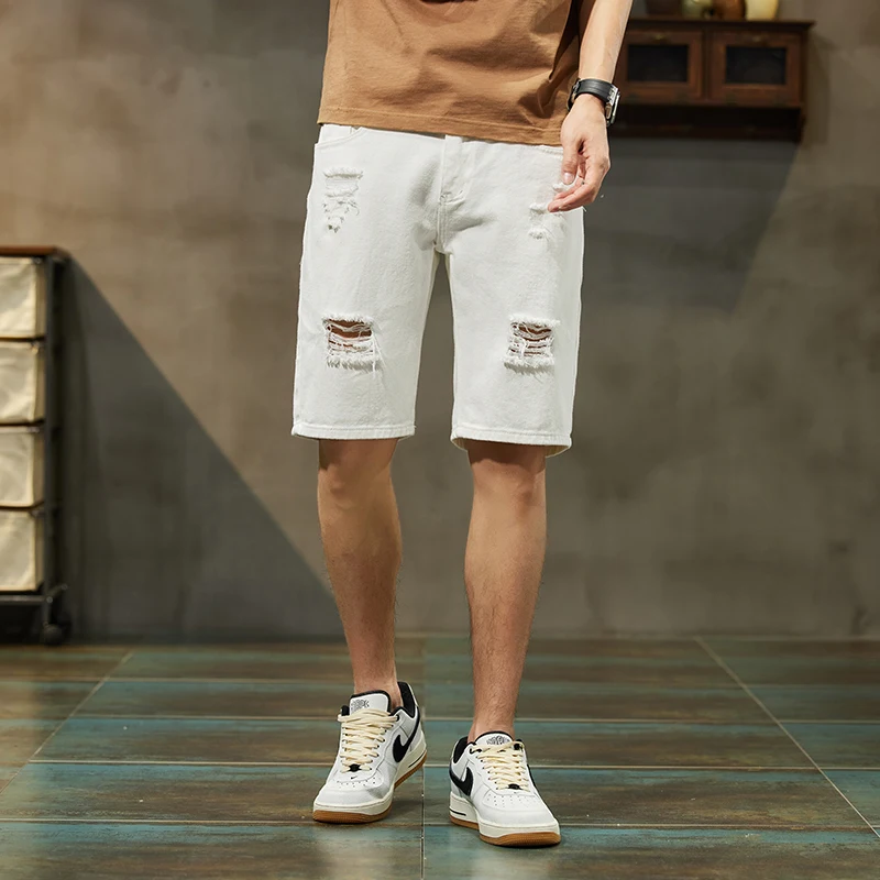 New Summer White Black Men Ripped Hole Denim Shorts Slim Casual Knee Length Short Straight Hole Jeans Shorts Bermuda for Men