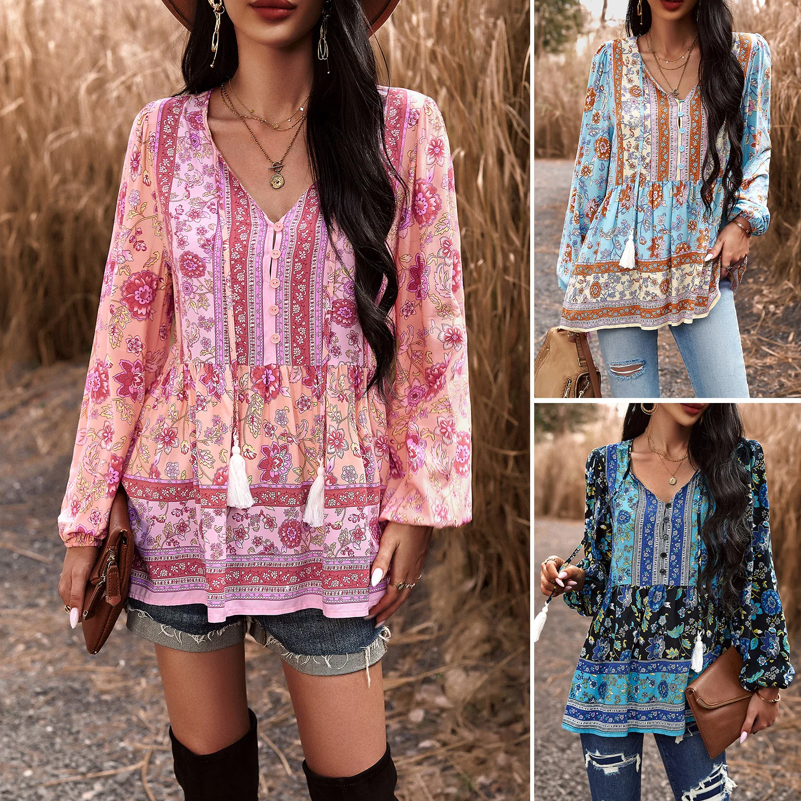 Women Temperament Casual Floral Print V-Neck Long Sleeve Shirt Elegant Loose Bohemian Blouse Design Sense Button Fringe Pullover