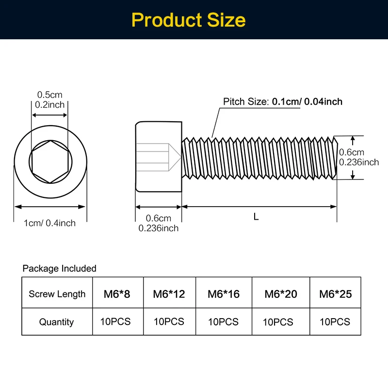 20/40 pcs, M6x 6-25mm Socket Head Cap Screws Metric, Allen Socket Drive, Stainless Steel (304), Full Thread, Bright Finish