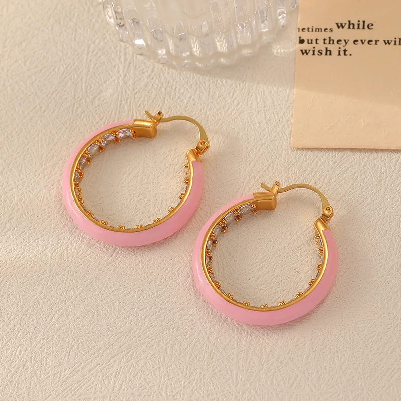 

New Micro Inlaid Zircon Colorful Oil Dropping Circle Earrings Simple and Versatile Retro Fashion statement Style hoop