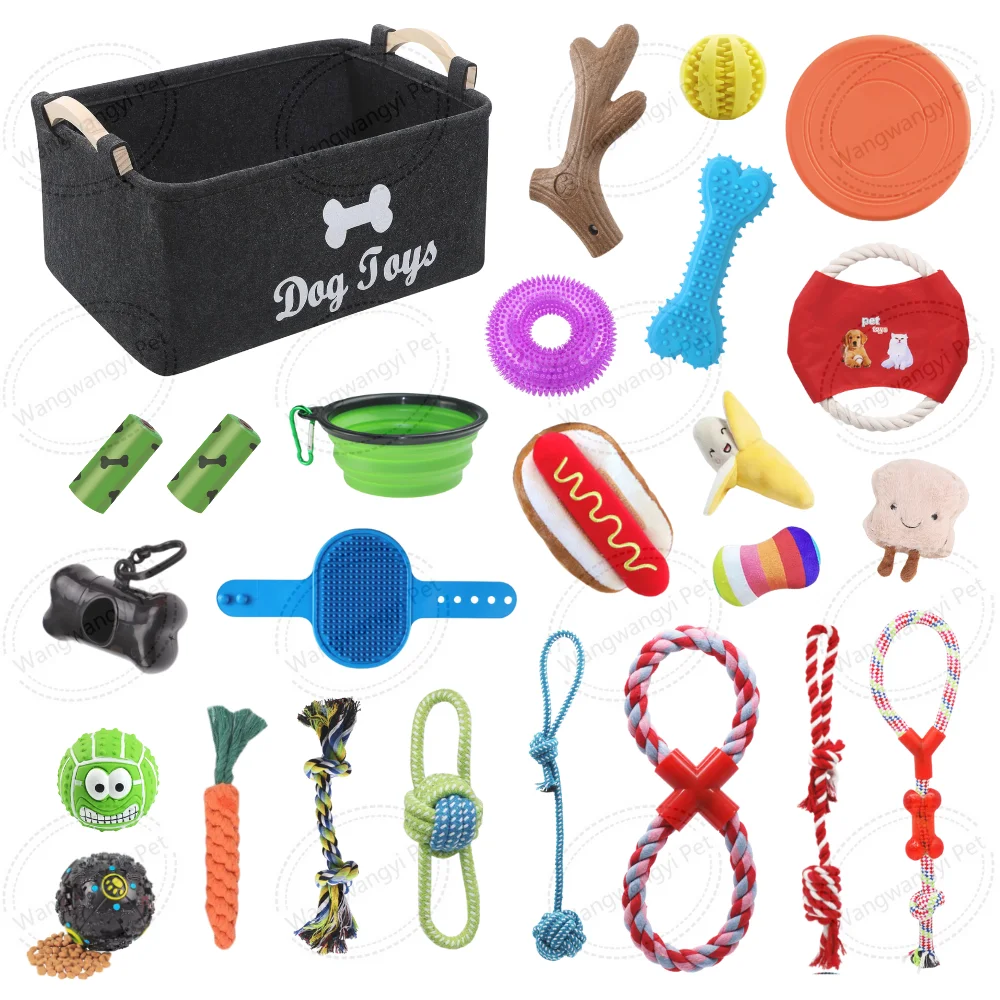 25-pack-dog-toy-kit-puppy-chew-toy-dog-treat-balls-pet-plush-toy-storage-basket