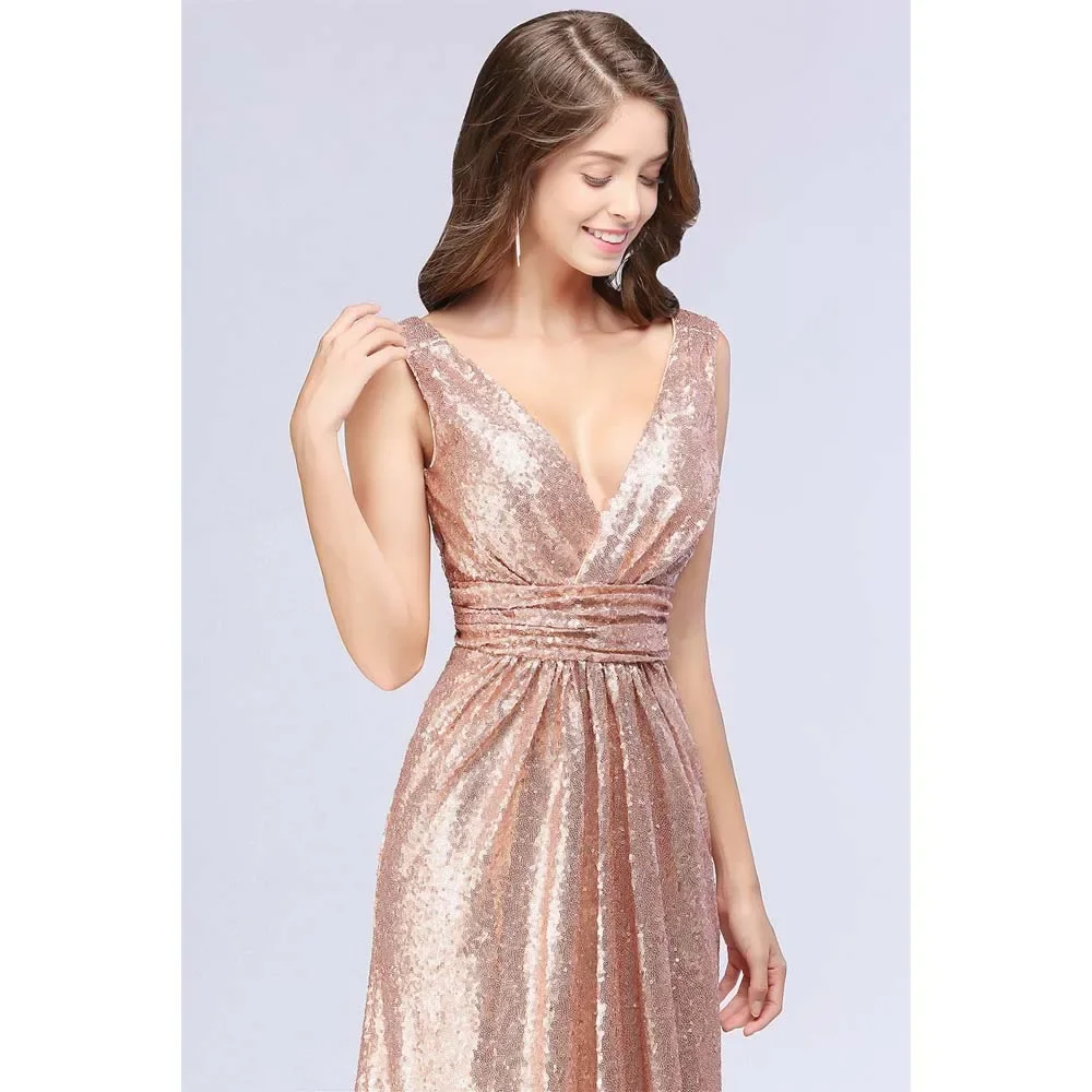 Clearance Evening Dress Golden Sequins V-Neck Sleeveless Pleat Zipper Back Mermaid Floor Length Women Party Formal Gown YS012