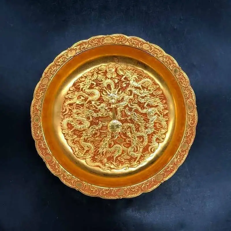 Antique-style handicraft: Ming Dynasty Xuan De period pure gilded dragon plate, imitation copper relief decorative piece