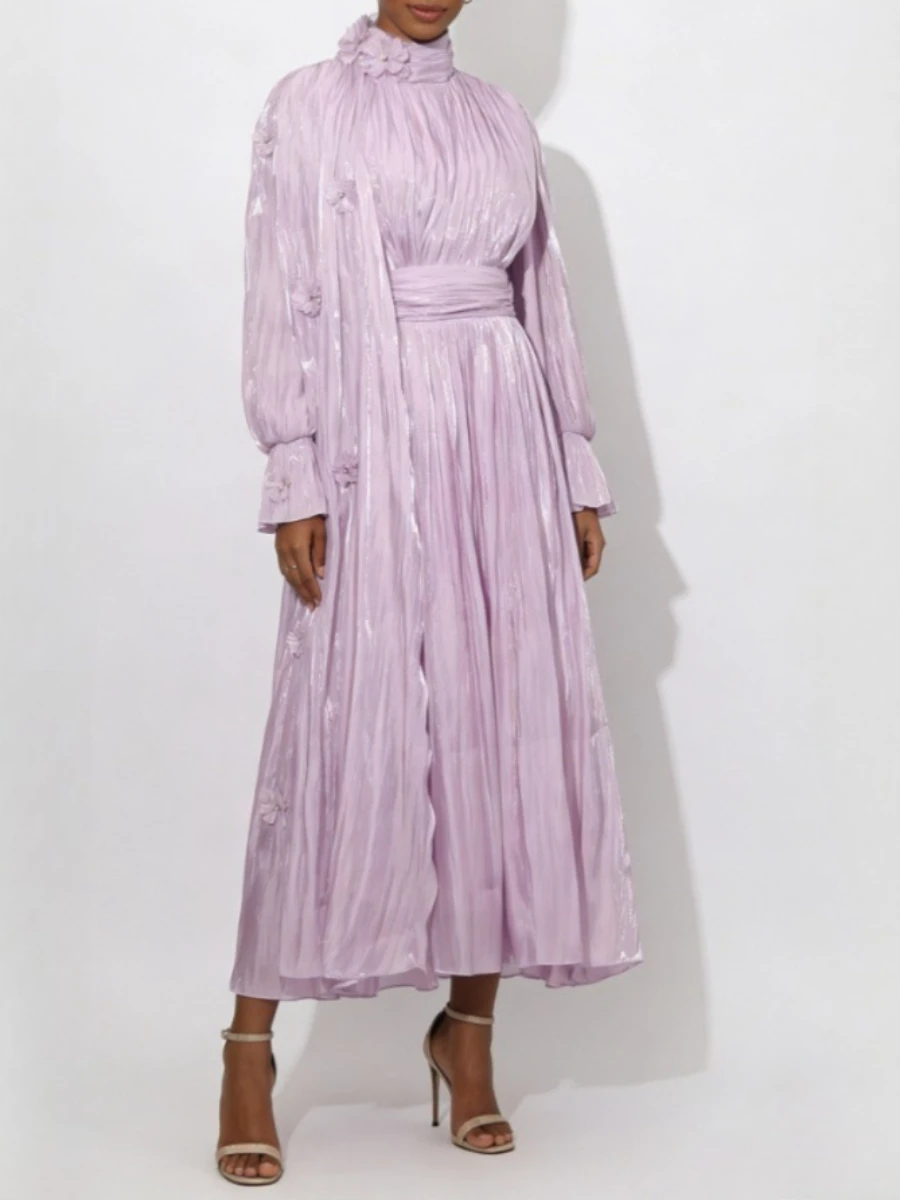 VGH Solid Loose Spliced Folds Chic Dresses for Women Turtleneck Long Sleeve Gentle Intellectual Dress Female Summer Fashion New