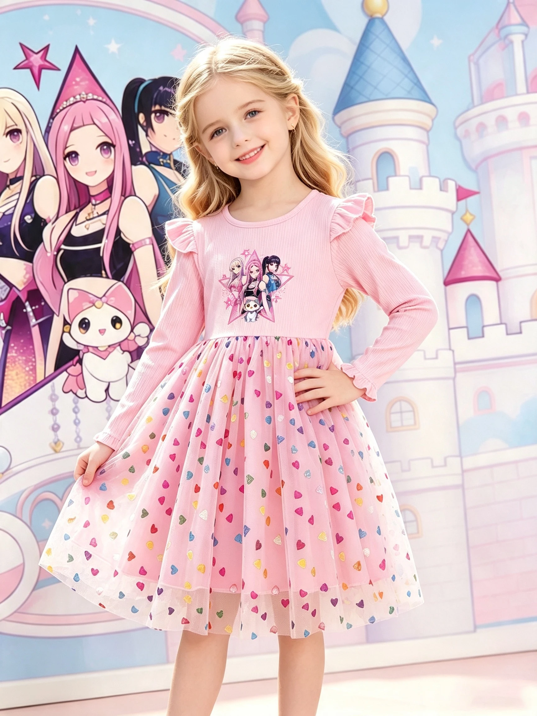 Mädchen Cartoon-Print Langarm Tüll Prinzessinnenkleid, Rosa Flügelärmel Bunter Herz-Puffrock Kinder Frühling Herbst Kleid – Detail 4