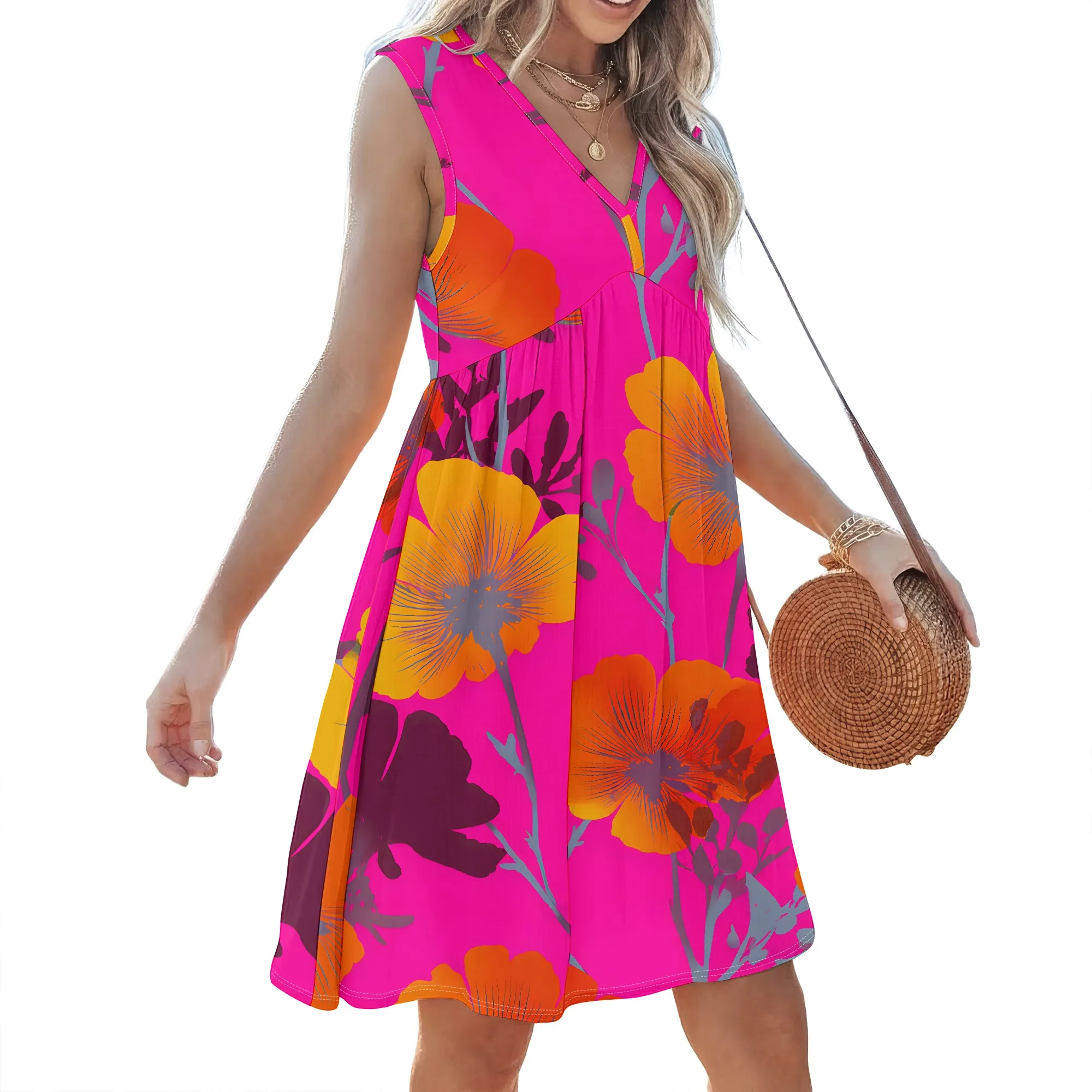 Vibrant Floral Sleeveless Dress, Pink Hibiscus Print, Orange Yellow Accents, V-Neck Summer Beach Wear, S-2XL