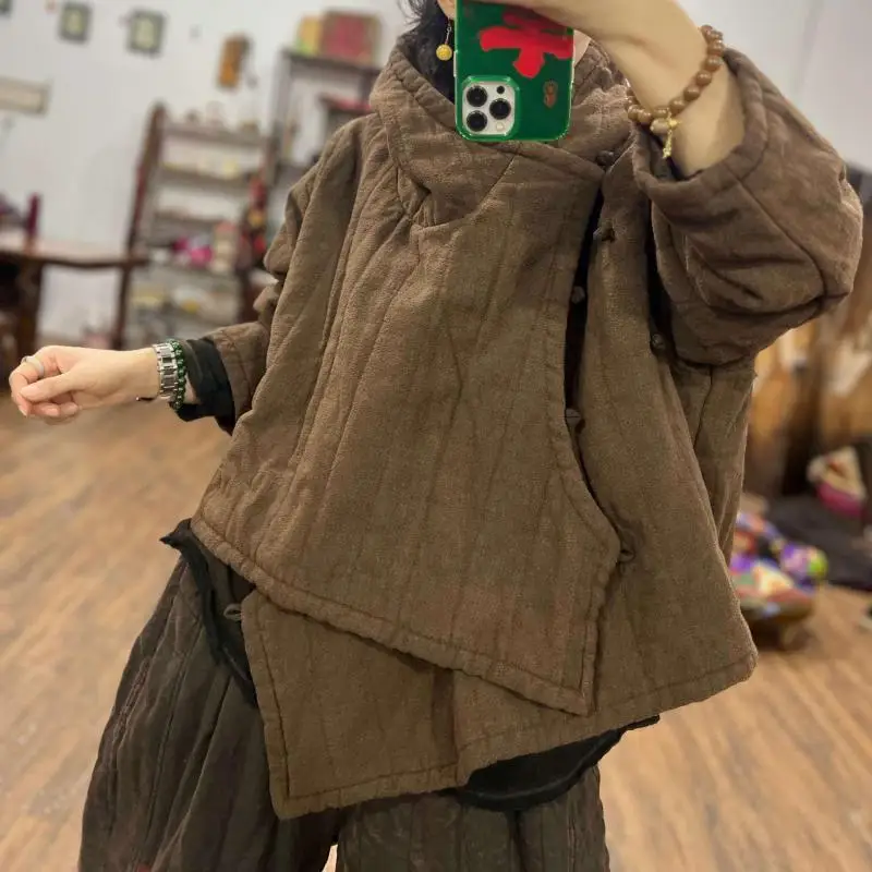 

Осень-зима 2025 г., женские свободные повседневные куртки с длинным рукавом в стиле искусства, высококачественные утепленные хлопковые винтажные короткие пальто с капюшоном F299