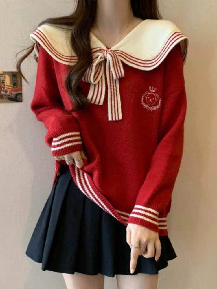 Pulôveres de manga comprida estilo preppy feminino, gola marinheiro, listrado, cor de contraste, suéteres soltos casuais, moda feminina, roupas doces, 2024