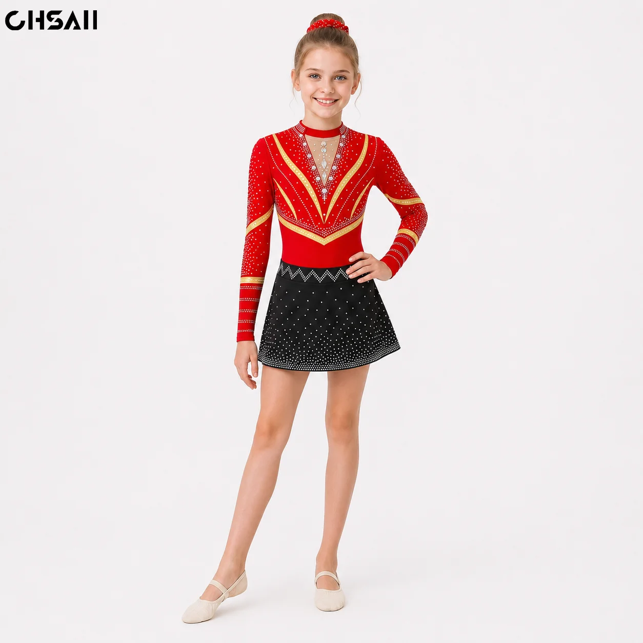 Girls Rhinestone Figure Skating Dress Long Sleeve Red Black Gradient Competition Ice Dance Costume Kids Performance Leotard Wear
