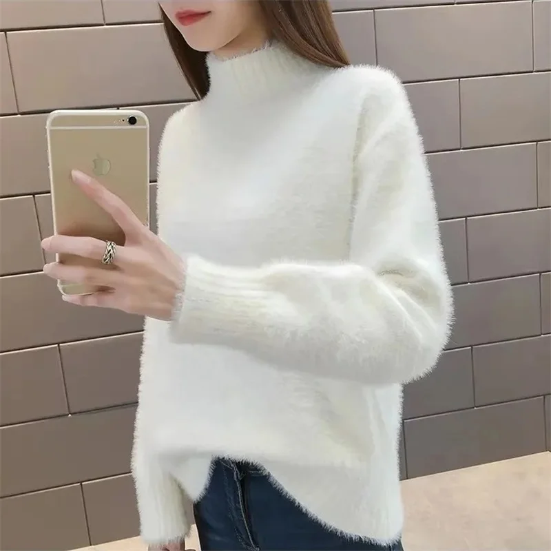 

2024 Winter Imitate Mink Wool Hot Fleecing Female Casual Sweater O-neck Puff Pink Solid Women Knitted Tops Elastic Pullovers