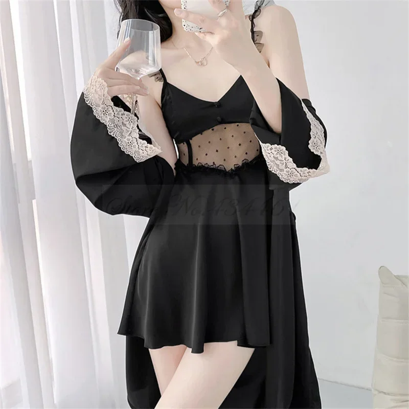 

Сексуальный женский халат, комплект из двух предметов, ночная рубашка, летняя атласная одежда для сна, перспективная сетчатая кружевная ночная рубашка на подтяжках, нижнее белье, домашняя одежда