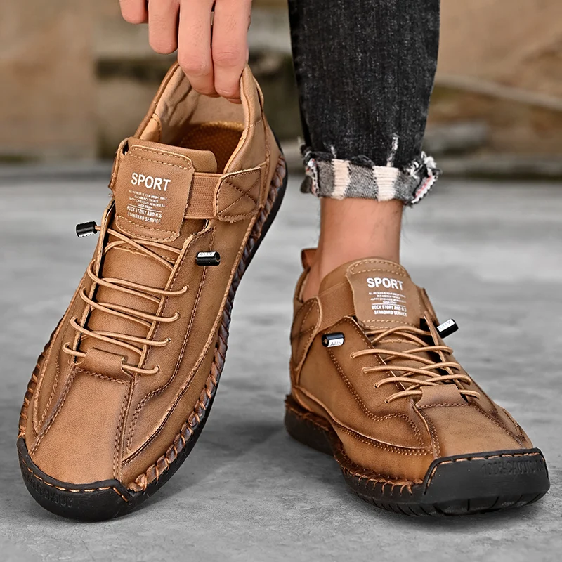 

Men Hand Stitching Leather Casual Shoes Warm Non Slip Big Size Male Walking Footwear
