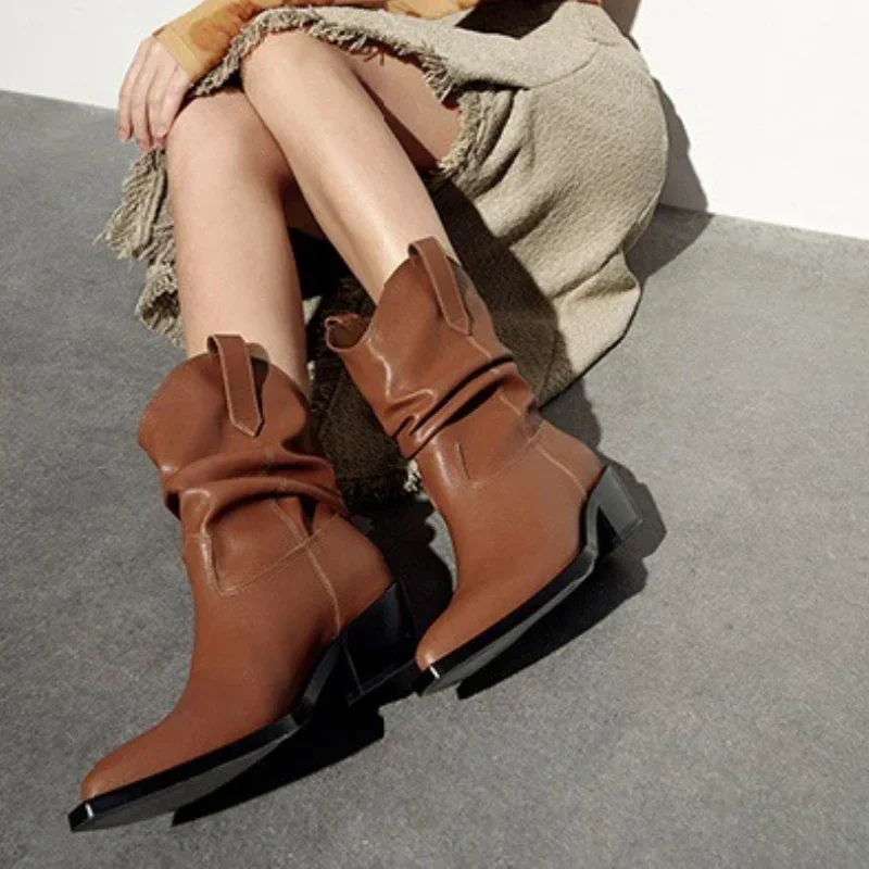 Pu Leather Chelsea Boots for Women Autumn Winter New Chunky Heeled Cowboy Boots Woman Loose Tube Mid-calf Pleated Western Bootie