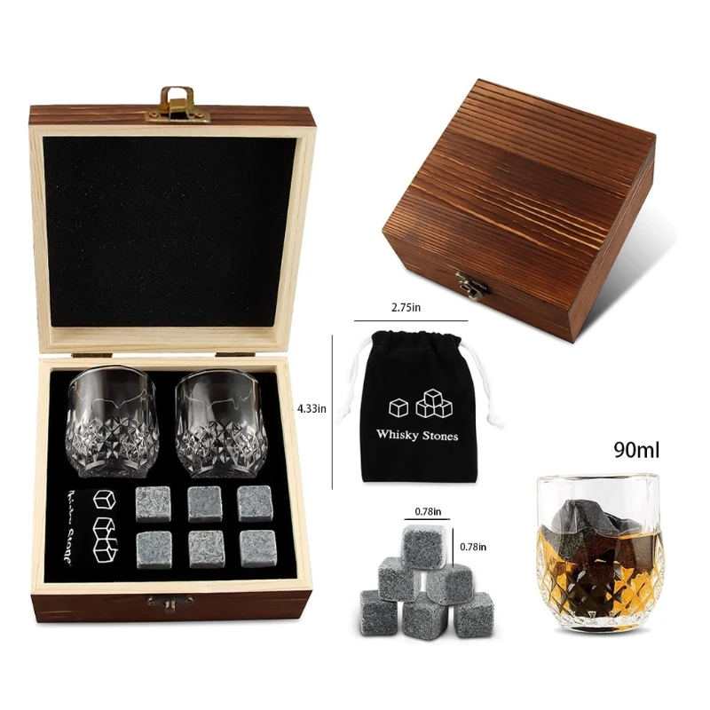 Whiskey Glass Set with 6 Pcs Whiskey Bourbon Chilling Stones in Wooden Box Father\'s Day Christmas Birthday Anniversary Present f