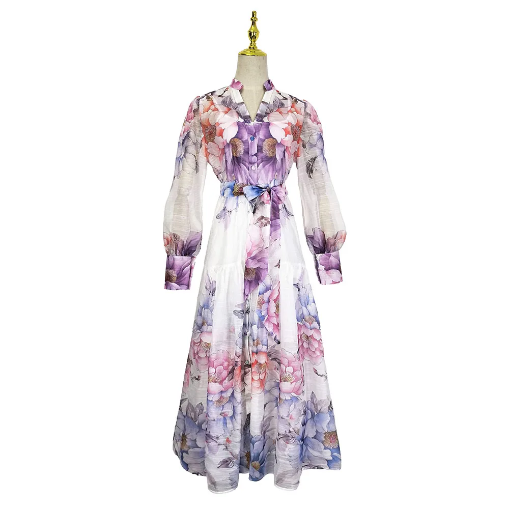 

2026 Spring Holiday Beach Runway Dress Women's Notched Collar Single Breasted Floral Print Belt Long Boho Party Vestidos