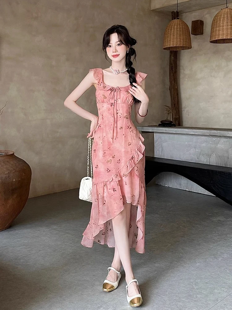 Vestido de Gasa con Estampado Floral de Verano, Cuello Cuad, Cintura Alta, Estilo Coreano, Vestido Largo para Mujer